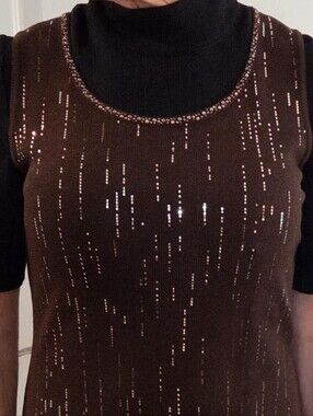 Women’s Brown Sequin Knit Sleeveless Top With Sparkle Detail